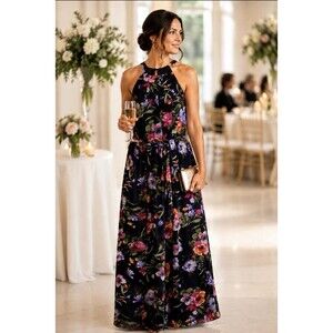Maxi Dress Coctel Womens Sz 8 Halter Jessica Howard Navy Floral Print Long Gown